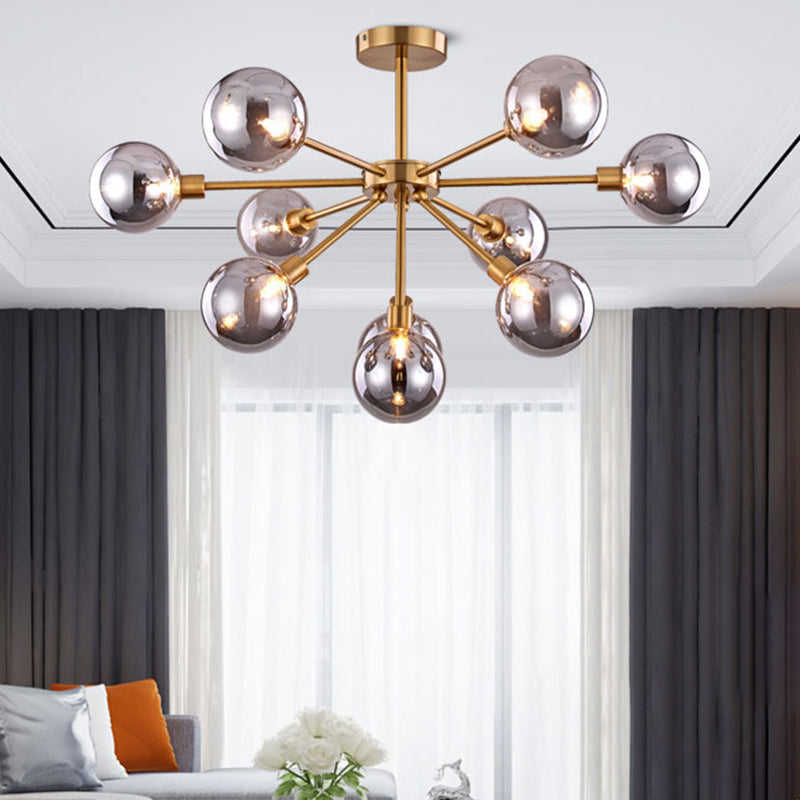 Minimalist Brass Semi Flush Chandelier - 7/9/10 Lights White/Smoke Gray Glass 10 / Smoke