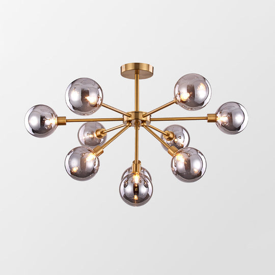 Minimalist Brass Semi Flush Chandelier - 7/9/10 Lights White/Smoke Gray Glass