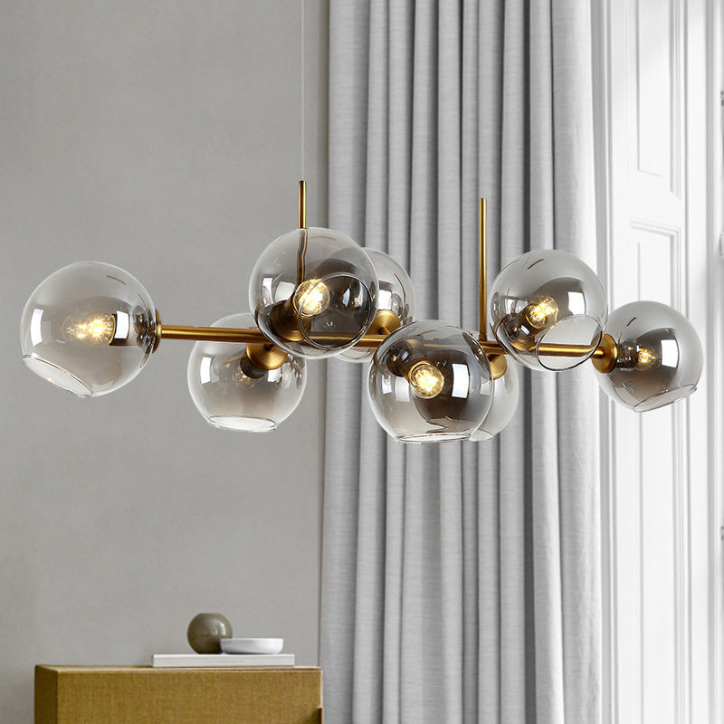 Minimalist Clear/Smoke Grey Glass Globe Island Chandelier - 8 Lights Black/Gold Dining Room Lighting