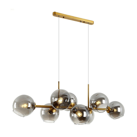 Minimalist Clear/Smoke Grey Glass Globe Island Chandelier - 8 Lights Black/Gold Dining Room Lighting