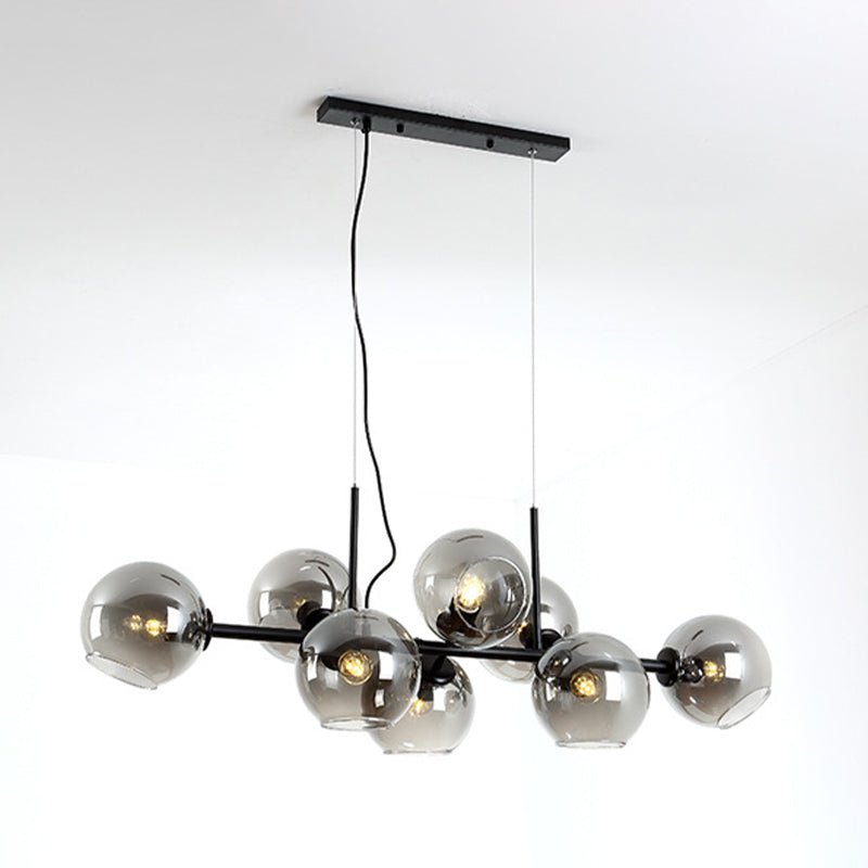 Minimalist Clear/Smoke Grey Glass Globe Island Chandelier - 8 Lights Black/Gold Dining Room Lighting