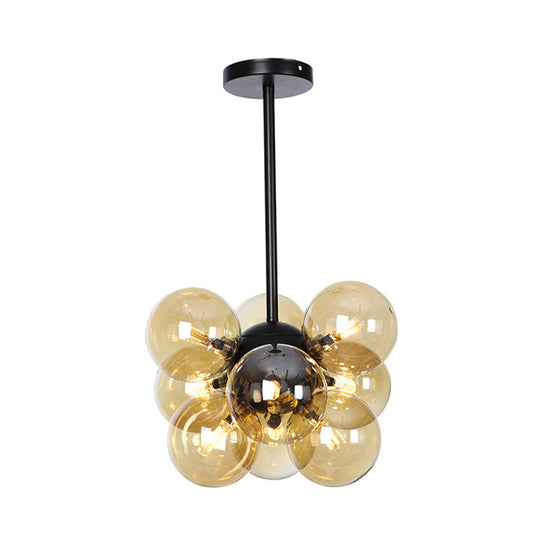 Minimalist Globe Semi Flush Ceiling Lamp - Gray/White/Red Glass - 9 Lights - Black/Brass/Chrome