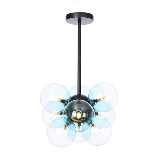 Minimalist Globe Semi Flush Ceiling Lamp - Gray/White/Red Glass - 9 Lights - Black/Brass/Chrome