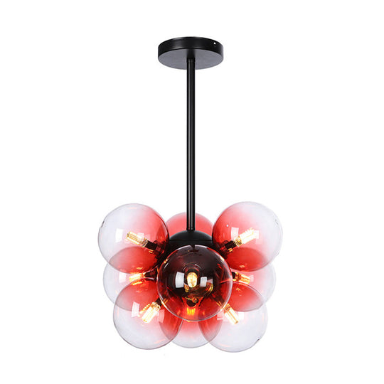 Minimalist Globe Semi Flush Ceiling Lamp - Gray/White/Red Glass - 9 Lights - Black/Brass/Chrome