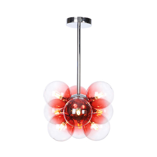 Minimalist Globe Semi Flush Ceiling Lamp - Gray/White/Red Glass - 9 Lights - Black/Brass/Chrome