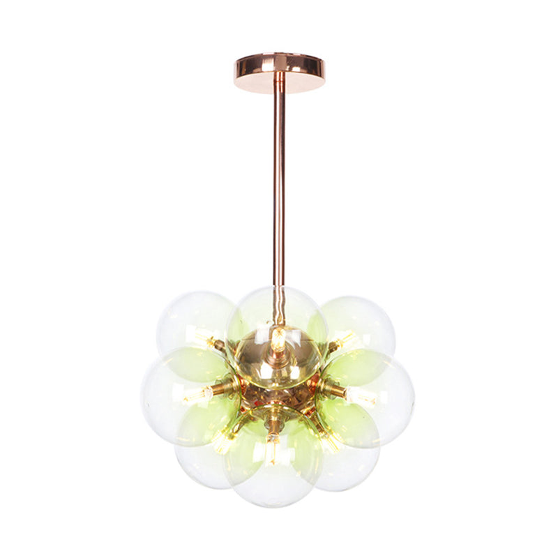 Sleek Copper Ceiling Mounted Globe Semi Flush Light with Minimalist White/Green/Blue Glass – 9 Lights