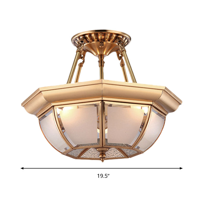 Traditional Glass Bowl Dining Room Ceiling Light, Brass Semi Flush Mount, 3/4 Bulbs, 14"/16"/18" Dia