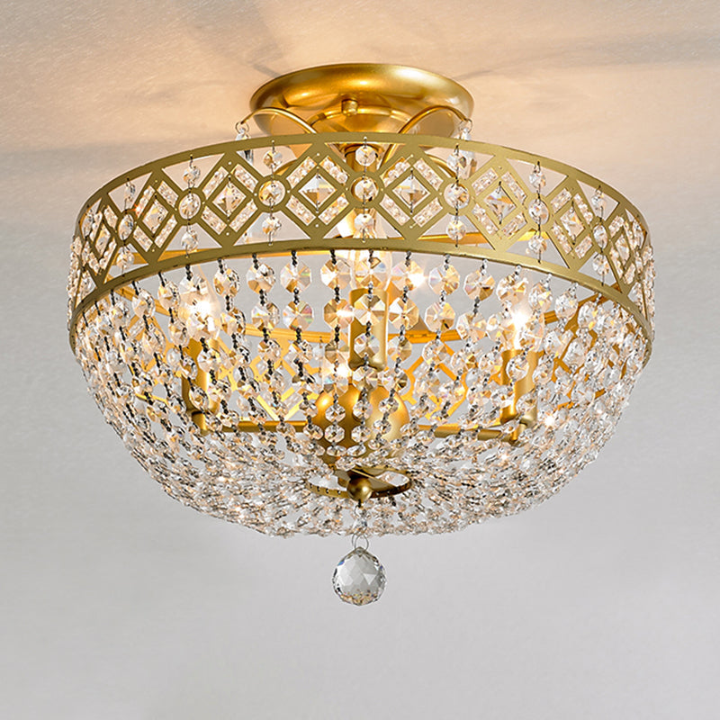 Gold Dome Semi Flush Mount Light with Postmodern K9 Crystal Accents - 3 Lights for Bedroom Ceiling