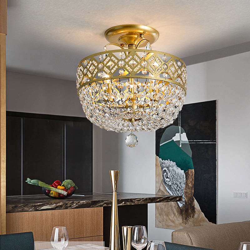 Gold Dome Semi Flush Mount Light with Postmodern K9 Crystal Accents - 3 Lights for Bedroom Ceiling