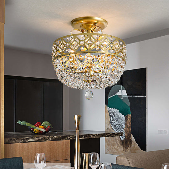 Gold Dome Semi Flush Mount Light With Postmodern K9 Crystal Accents - 3 Lights For Bedroom Ceiling