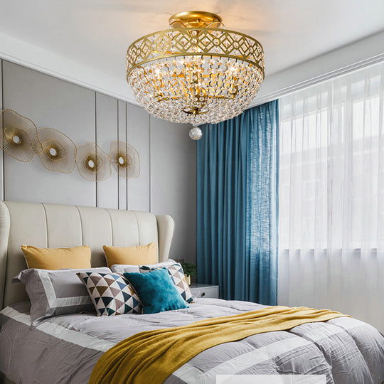 Gold Dome Semi Flush Mount Light with Postmodern K9 Crystal Accents - 3 Lights for Bedroom Ceiling