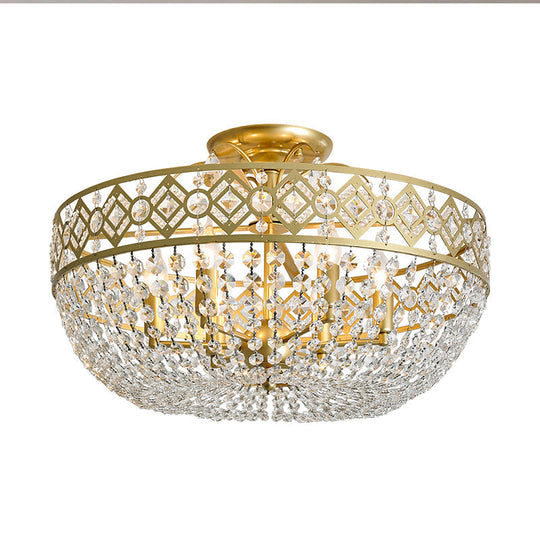 Gold Dome Semi Flush Mount Light with Postmodern K9 Crystal Accents - 3 Lights for Bedroom Ceiling