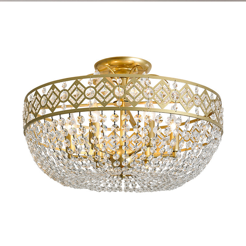 Gold Dome Semi Flush Mount Light With Postmodern K9 Crystal Accents - 3 Lights For Bedroom Ceiling