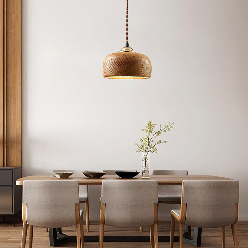 Modern Brown Drum Ceiling Light With Wood Hanging Fixture - Ideal For Dining Room