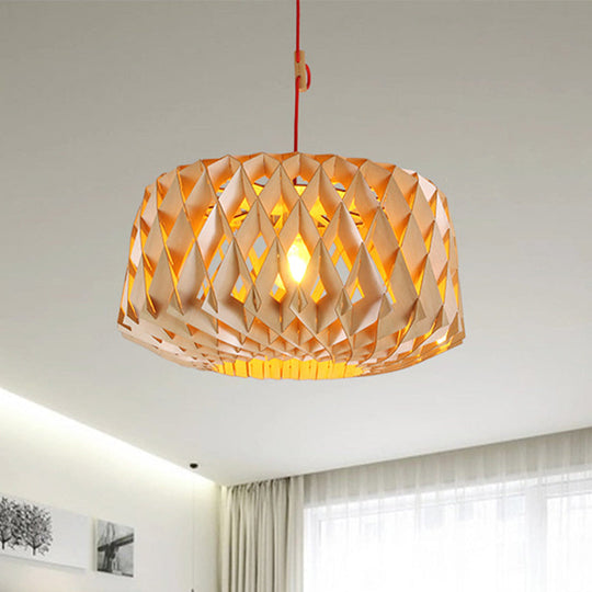 Laser Cut Japanese Wood Hanging Light - 1 Head Beige Ceiling Lamp 14/23 Wide