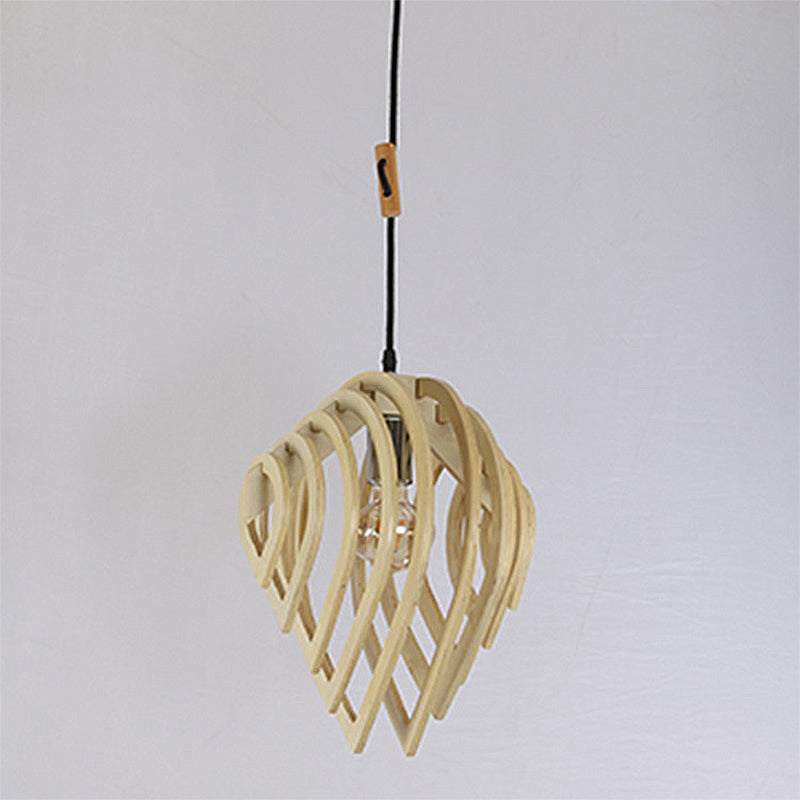 Beige Asian Pendant Light With Laser Cut Wood Shade - Bedroom Ceiling Lighting 1 Bulb Fixture