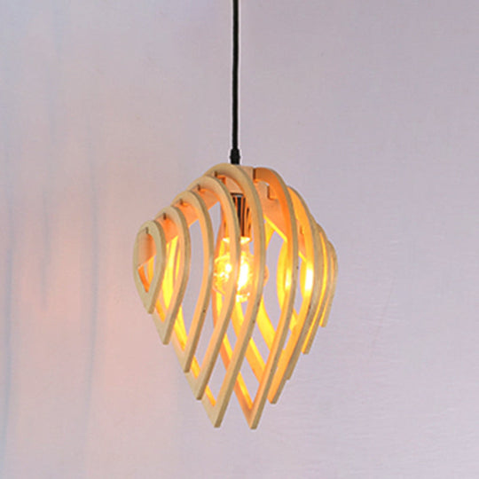 Beige Asian Pendant Light With Laser Cut Wood Shade - Bedroom Ceiling Lighting 1 Bulb Fixture