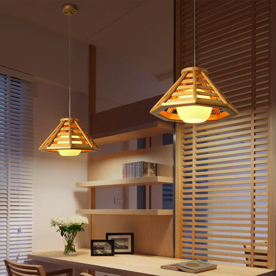 Beige Wood Pendant Light - South-East Asia Inspired Tapered Design 1-Bulb Ceiling Suspension Lamp