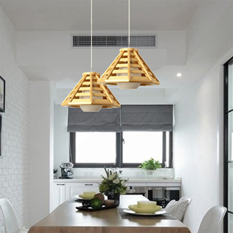 Beige Wood Pendant Light - South-East Asia Inspired Tapered Design 1-Bulb Ceiling Suspension Lamp