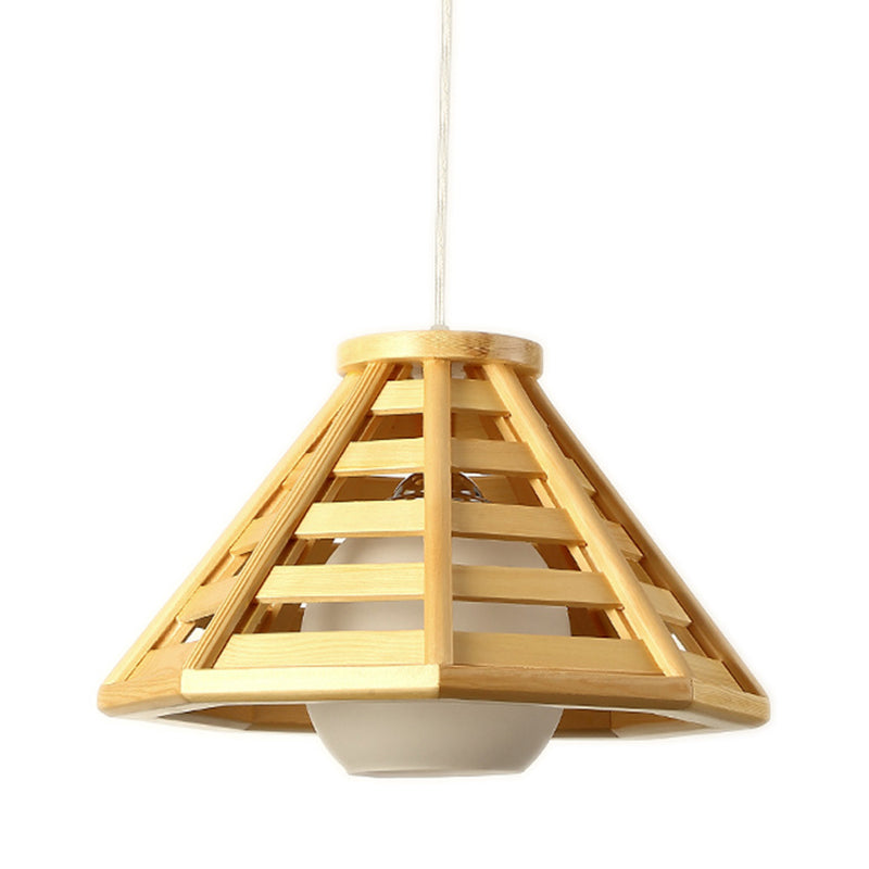 Beige Wood Pendant Light - South-East Asia Inspired Tapered Design 1-Bulb Ceiling Suspension Lamp