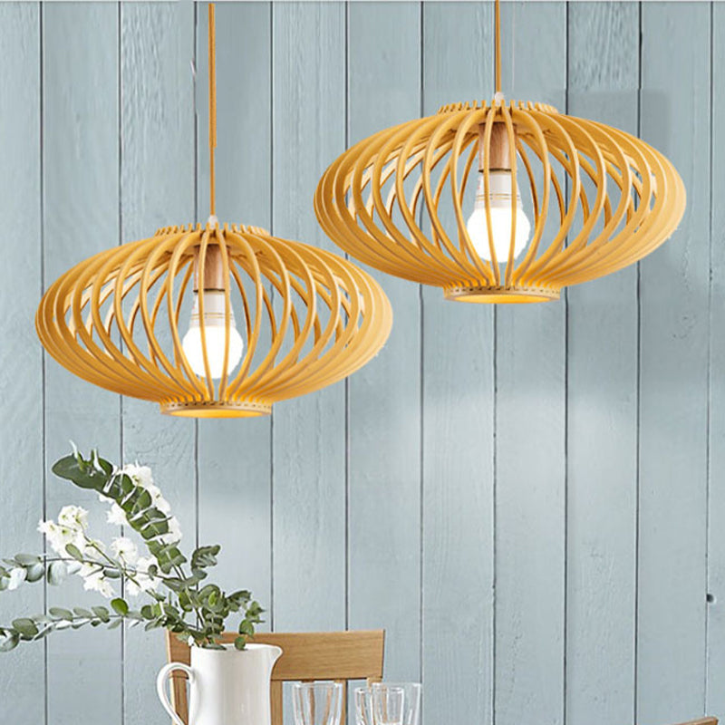 Chinese Wooden Lantern Hanging Light Fixture With Bamboo Shade - 1 Head Ceiling Lighting