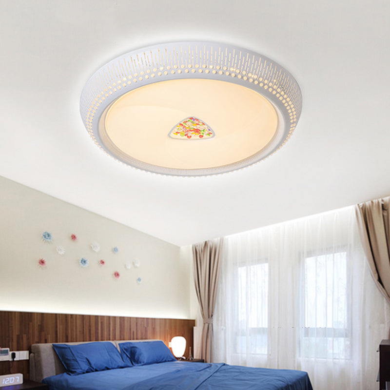 Modernist LED Metal Ceiling Lamp for Bedroom - White Drum Flush Light Fixture, 23"/31" Wide