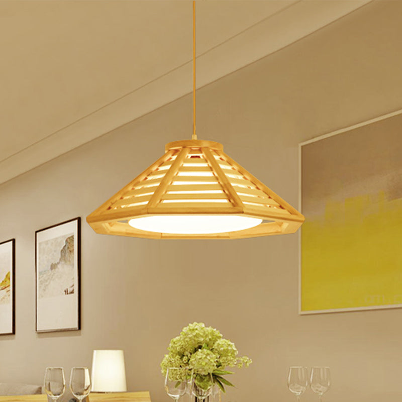 Asian Wood Tapered Hanging Lamp - 1 Bulb 14/19.5 Wide Beige Pendant Light With Inner White Fabric