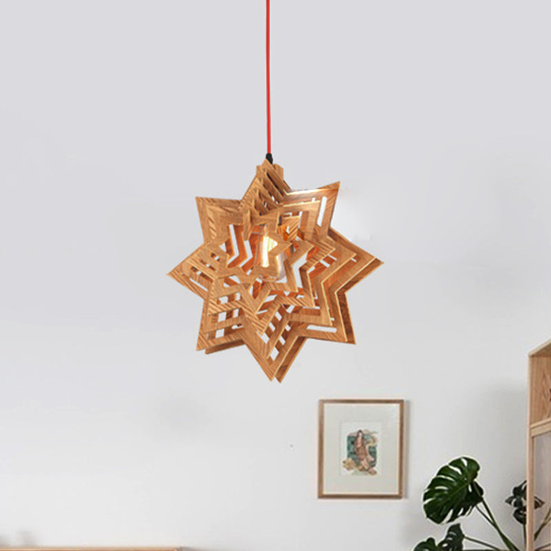 Japanese-Style Wood Star Ceiling Pendant Light Beige Hanging Lamp For Dining Room