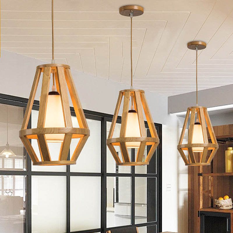 Stylish Asian Pendant Light With Wood Finish Single Bulb And White Cylinder Shade