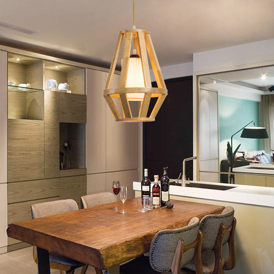 Stylish Asian Pendant Light With Wood Finish Single Bulb And White Cylinder Shade