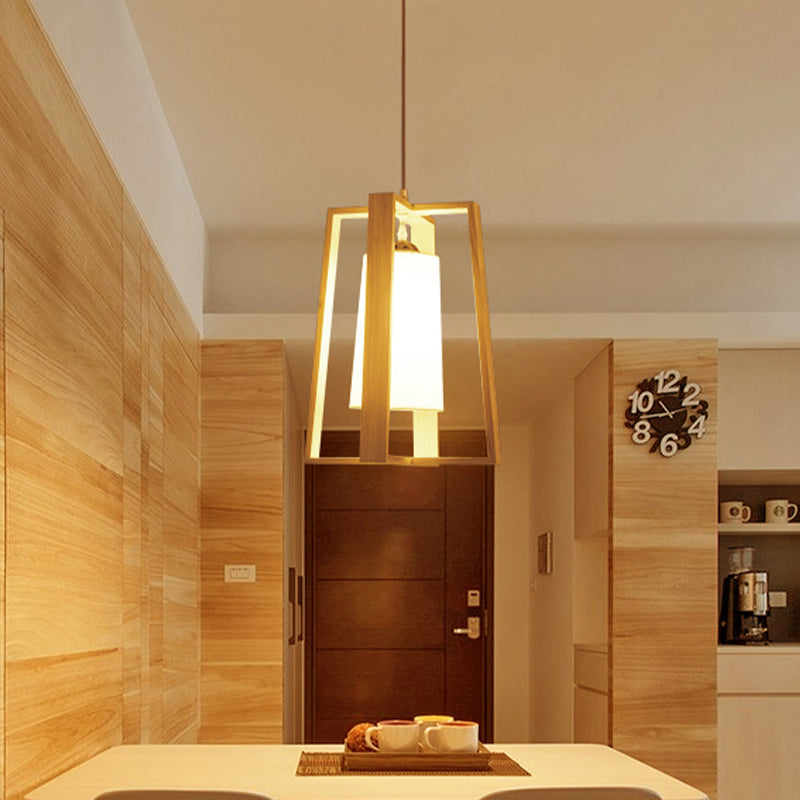 Asia Wood Trapezoid Pendant Light With Beige Fabric Shade - 10/11 Wide 1 Head Ceiling Lamp