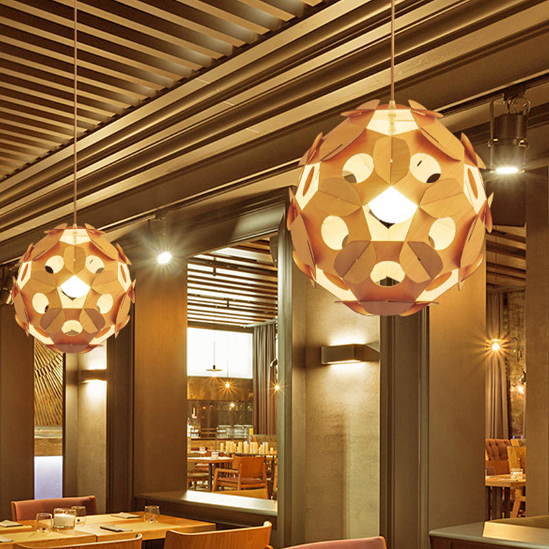 Modern Beige Restaurant Ceiling Lamp With Wooden Ball Shade - Hanging Light Fixture