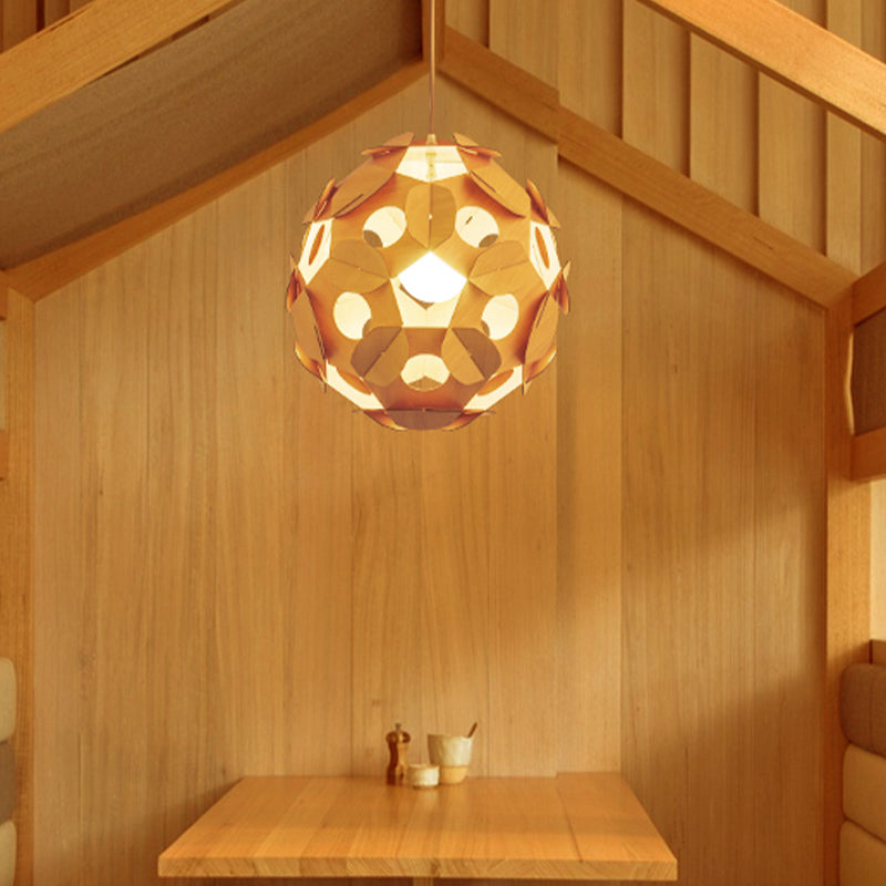 Modern Beige Restaurant Ceiling Lamp With Wooden Ball Shade - Hanging Light Fixture