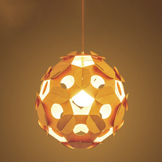 Modern Beige Restaurant Ceiling Lamp With Wooden Ball Shade - Hanging Light Fixture