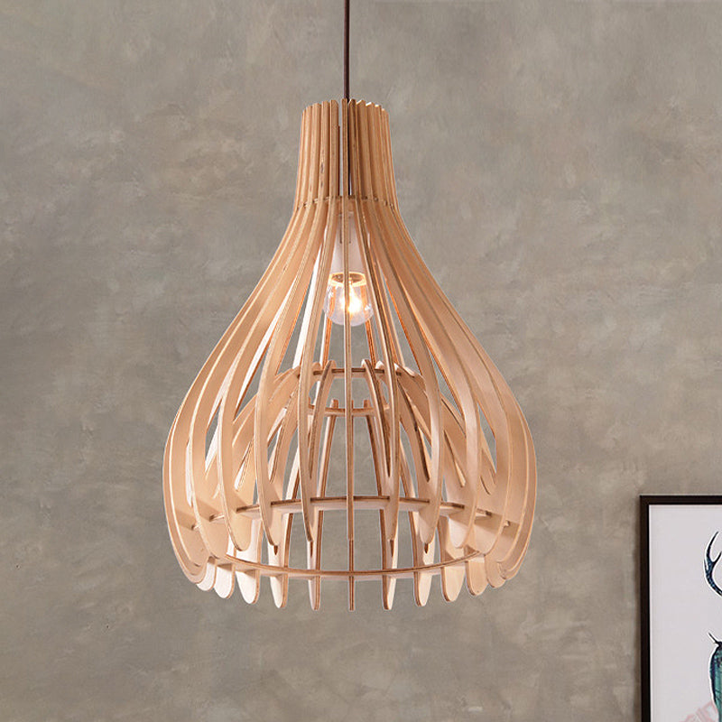 Chinese Pear Pendant Ceiling Light In Beige Wood Finish