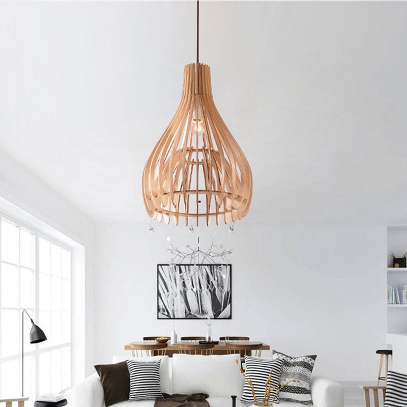 Chinese Pear Pendant Ceiling Light In Beige Wood Finish