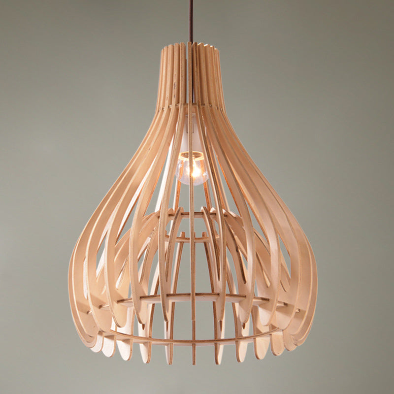 Chinese Pear Pendant Ceiling Light In Beige Wood Finish