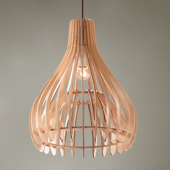 Chinese Pear Pendant Ceiling Light In Beige Wood Finish