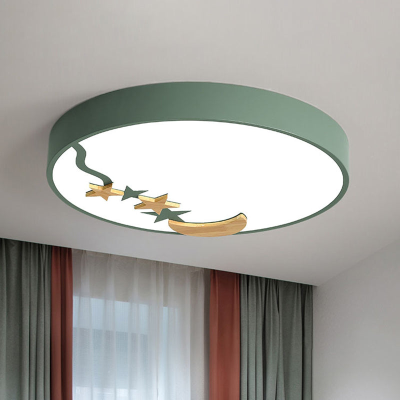 Contemporary Round Metal Led Close To Ceiling Lamp With Wooden Moon And Star Decoration -