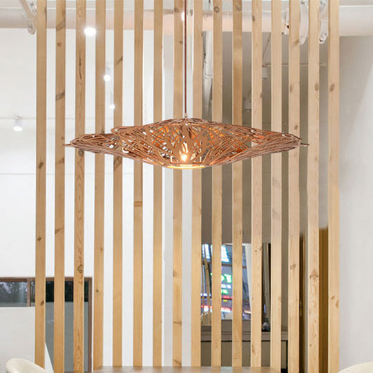 Asian Beige Laser Cut Wood Pendant Light Suspension For Dining Room