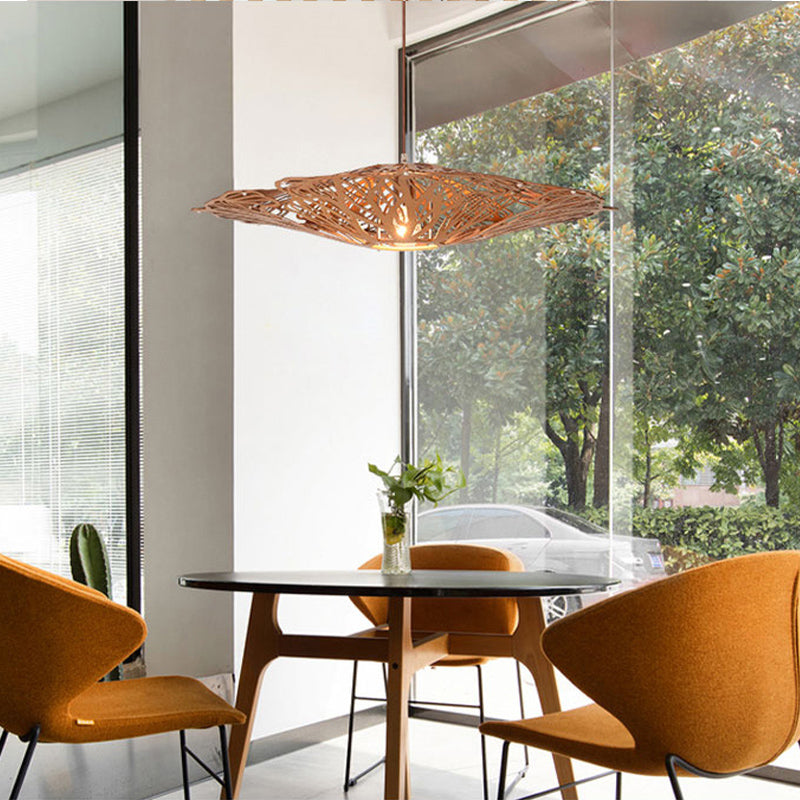 Asian Beige Laser Cut Wood Pendant Light Suspension For Dining Room