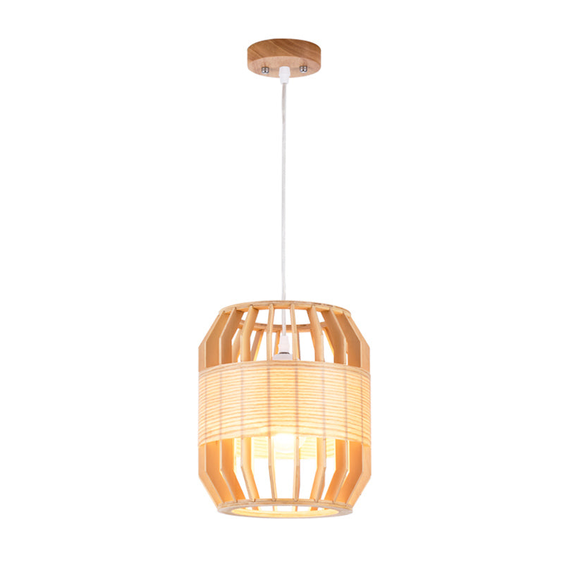 Chinese Wood Barrel Ceiling Lamp 1 Head Beige Hanging Light Fixture For Living Room 9/13 Wide