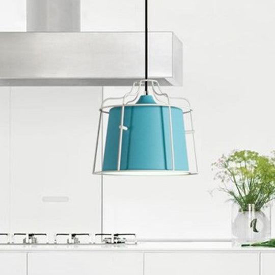 1 Head Macaron Ceiling Lamp in White/Yellow/Blue - Metal Bell Shade Hanging Light Fixture for Dining Room