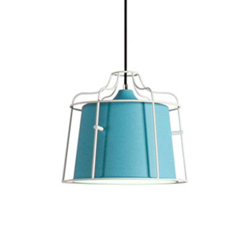 1 Head Macaron Ceiling Lamp in White/Yellow/Blue - Metal Bell Shade Hanging Light Fixture for Dining Room