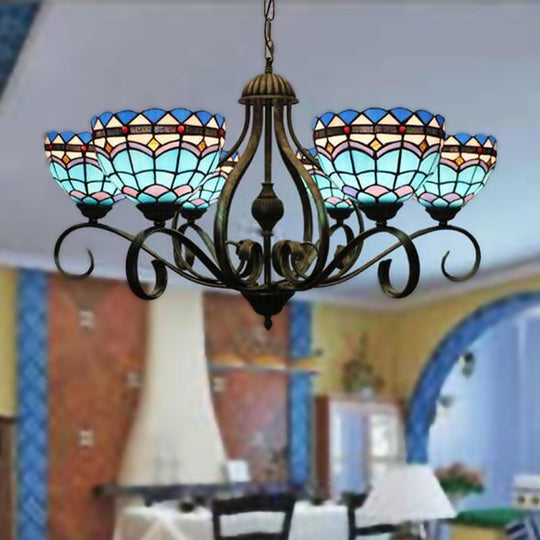 Blue Stained Glass Dome Chandelier with 3/6/8 Lights, Mediterranean Style, ideal for Bedrooms - Black Finish, 25.5"/34"/37.5" W