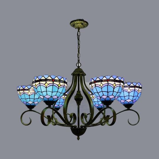 Blue Stained Glass Dome Chandelier with 3/6/8 Lights, Mediterranean Style, ideal for Bedrooms - Black Finish, 25.5"/34"/37.5" W