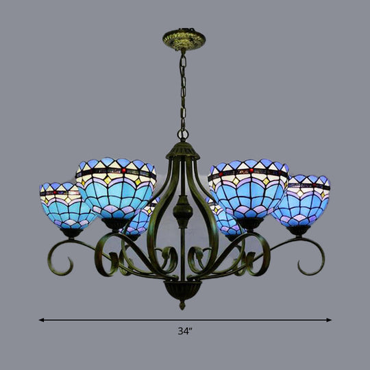 Blue Stained Glass Dome Chandelier with 3/6/8 Lights, Mediterranean Style, ideal for Bedrooms - Black Finish, 25.5"/34"/37.5" W