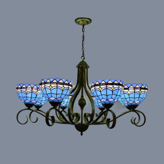 Blue Stained Glass Dome Chandelier with 3/6/8 Lights, Mediterranean Style, ideal for Bedrooms - Black Finish, 25.5"/34"/37.5" W