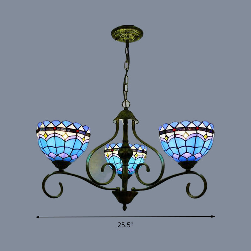 Blue Stained Glass Ceiling Chandelier With Mediterranean Style 3/6/8 Lights Domed Design Black