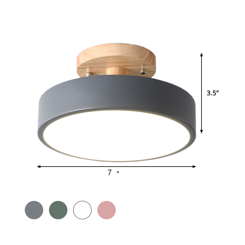 Nordic White/Green/Grey Iron Drum Led Semi Flushmount Ceiling Light With Wood Canopy - Ideal For